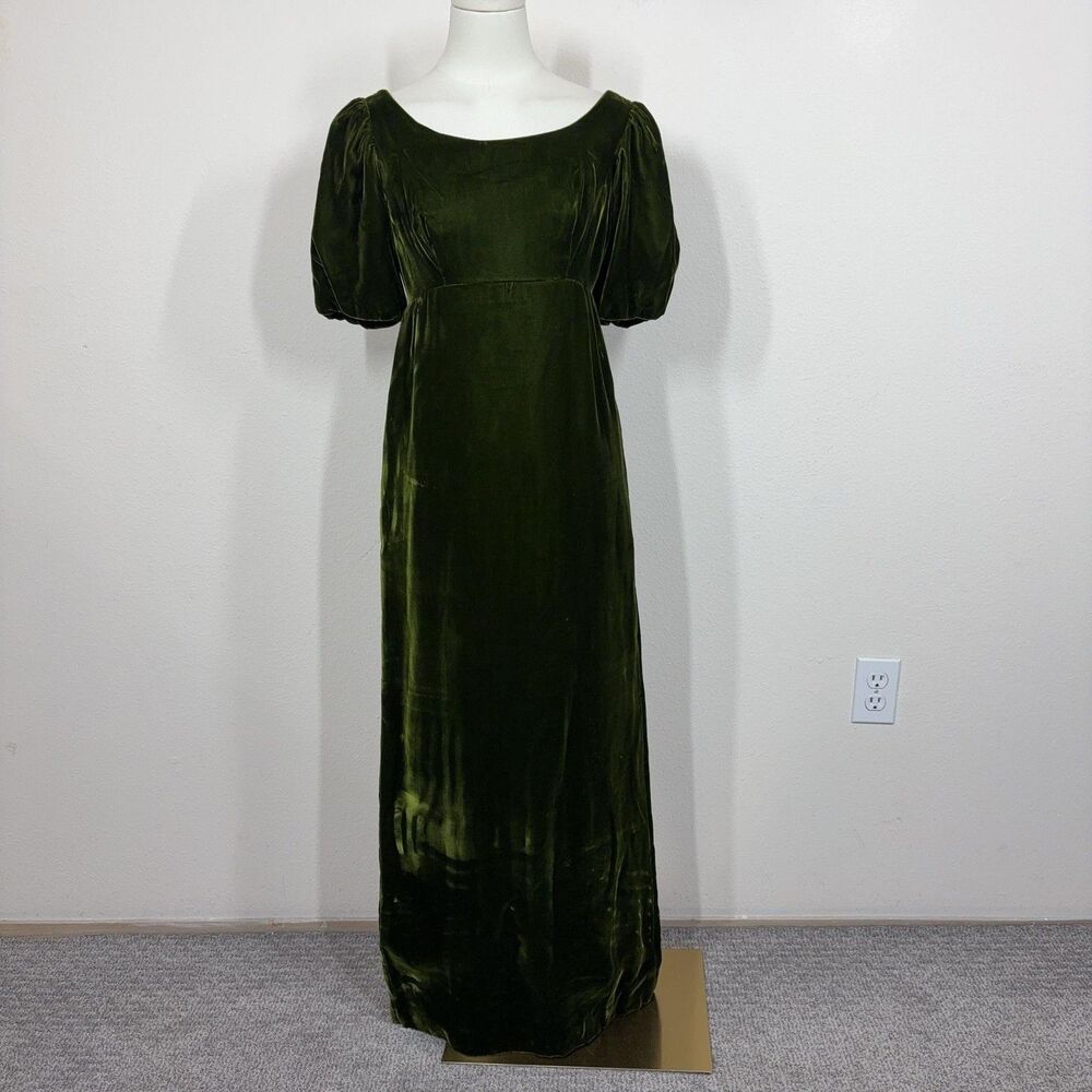 Vintage Dress Womens 8 XS Green Velvet Bow Formal Gown 60s Regency Renaissance